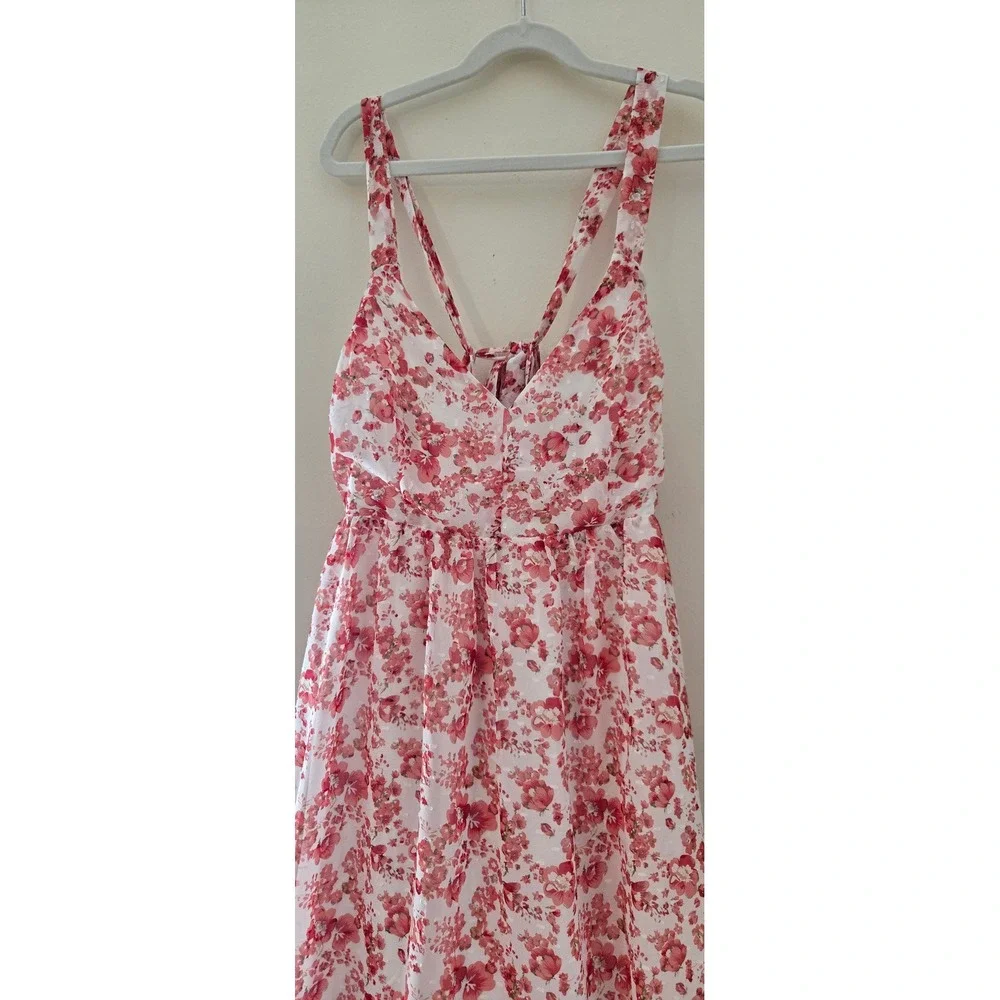 LULU'S Maxi Dress Red White V-Neck Ruffle Hem Sleeveless Backless Summer Gown - Picture 2 of 8